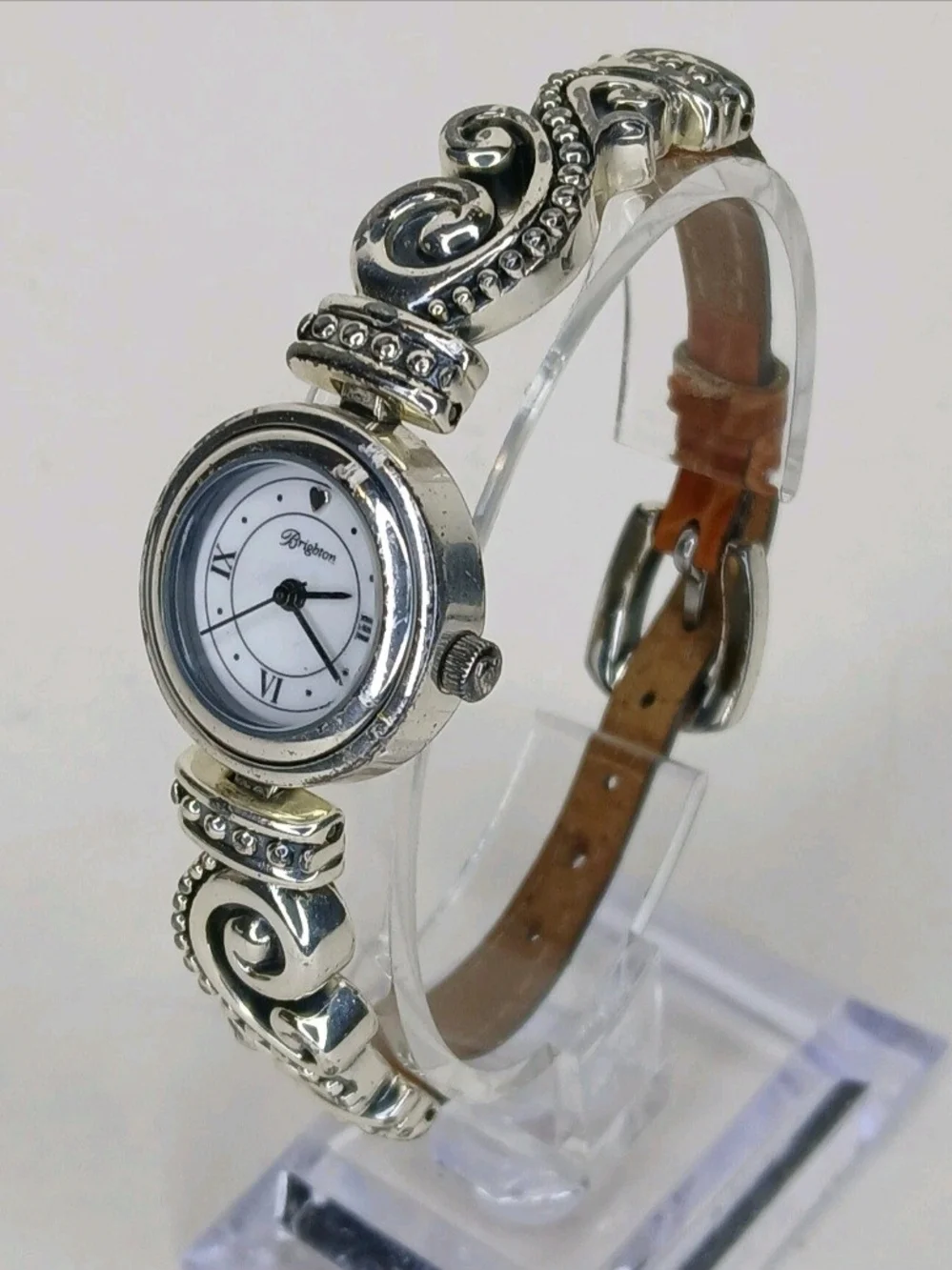 Brighton Bordeaux Ladies Watch Silver Tone Swirl Brown Leather Strap Quartz